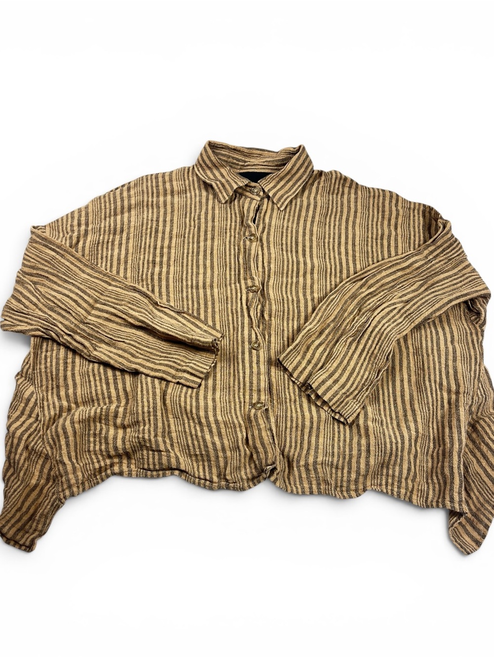 Blanque Linen Button Down Shirt Brown Striped Lagenlook Boho Slouchy Top 0 S USA